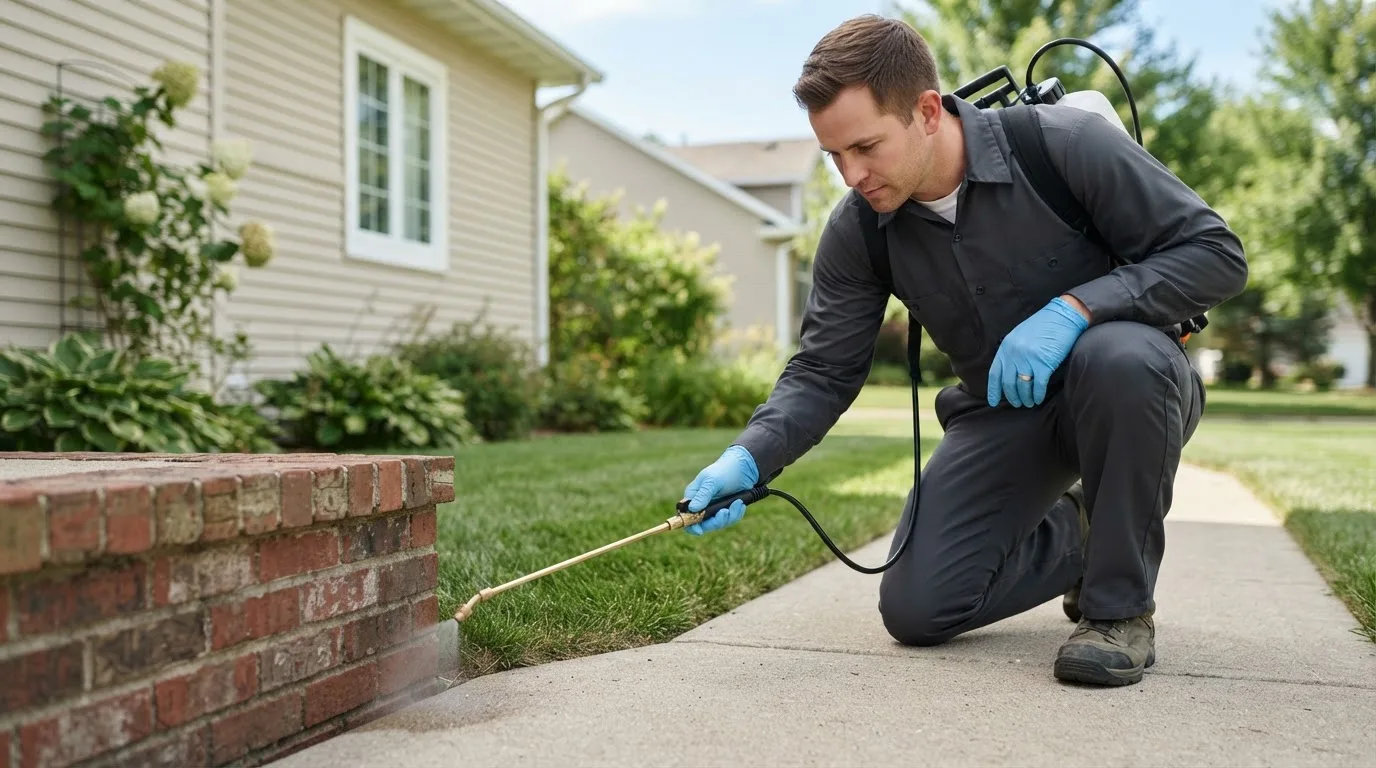 Pest control technician treating a home near Hawkins, WI