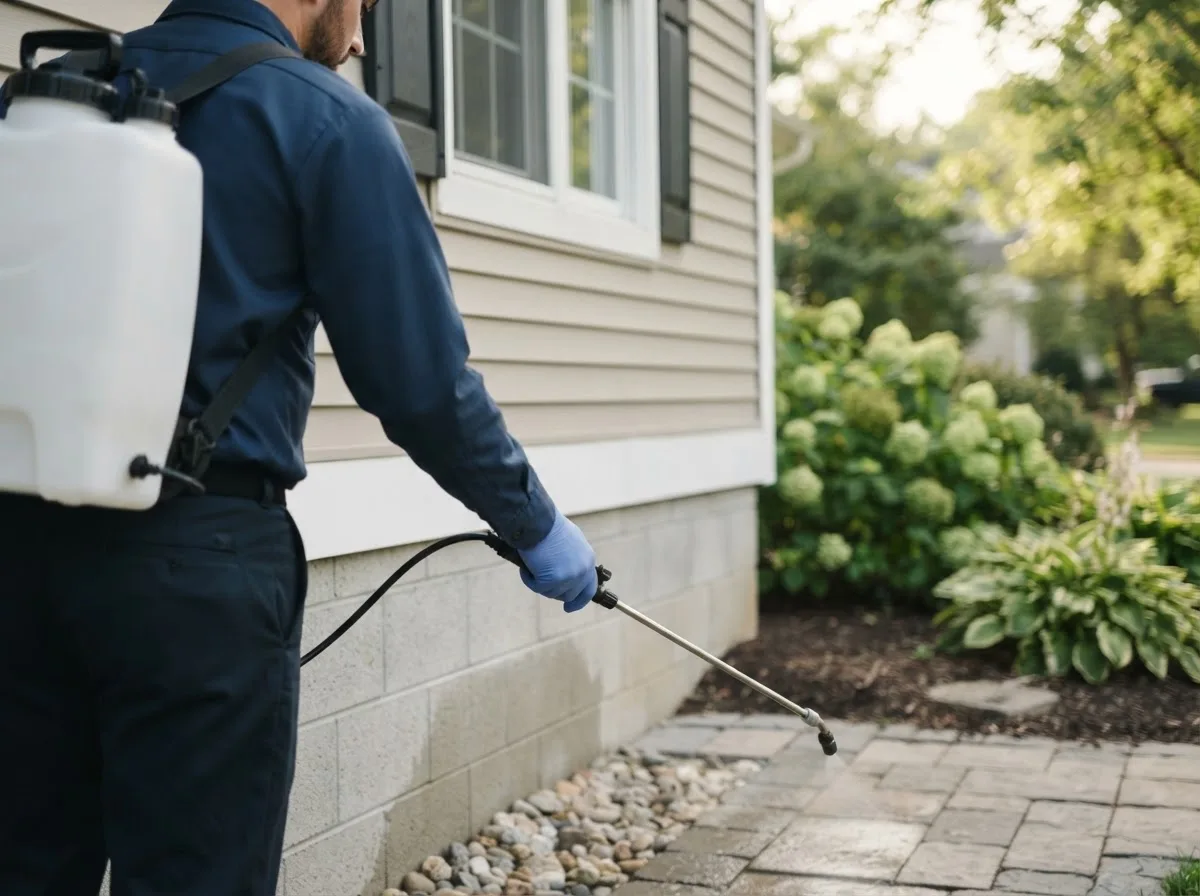 Pest control technician inspecting a home in Hawkins, WI